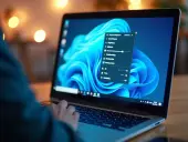 Laptop z jasnym ekranem i otwartym menu ustawień jasności.