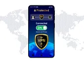 Ekran telefonu z aplikacją VPN włączoną, pokazującą status "Connected" i tarczę z napisem VPN.
