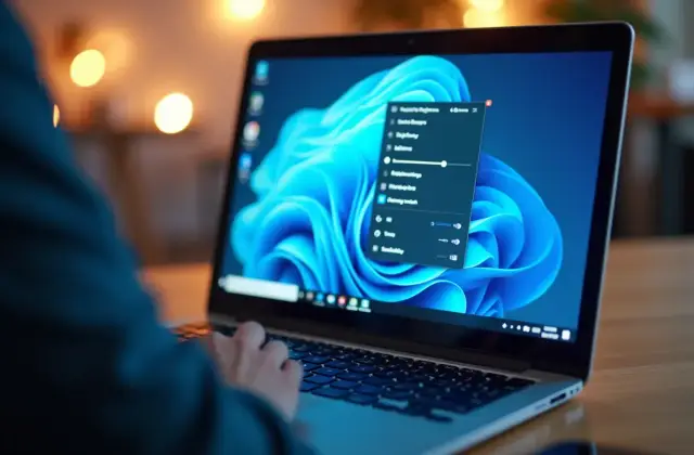 Laptop z jasnym ekranem i otwartym menu ustawień jasności.